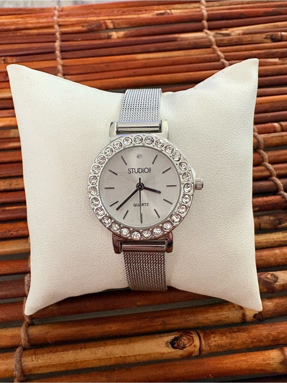 Studio Silver Crystal-Embellished Mesh Band Women's Watch Needs Battery
